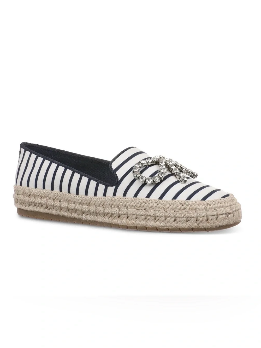 On 34th Navy Stripe Espadrille Loafer with Crystal Accent
